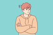 Unhappy young man look aside feeling bored and distressed. Upset millennial guy unsatisfied with news or situation. Stress and loneliness. Vector illustration. 