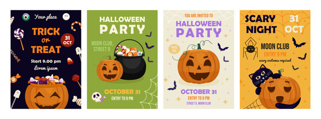 Halloween poster or invitation set. Flyers design template with creepy pumpkin for night party