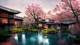 Japonese garden with cherry blossom, sakura, with water lake and japonese houses
