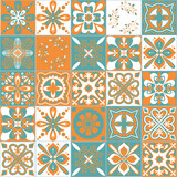 Fototapeta Kuchnia - Azulejo talavera portuguese ceramic tile traditional floral pattern, green mint orange retro background, vector illustration