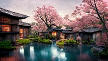 Japonese Garden With Cherry Blossom, Sakura, With Water Lake And Japonese Houses