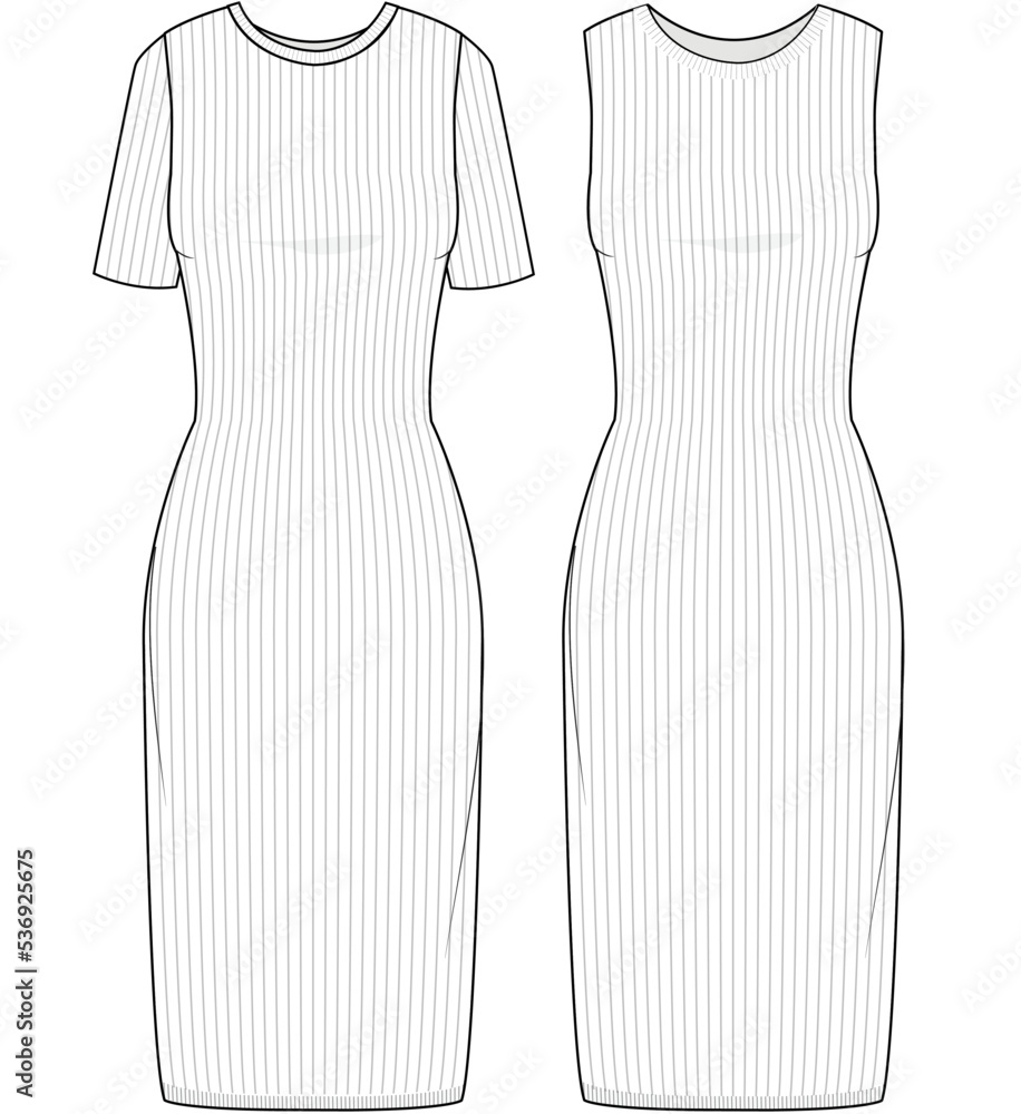 Short Sleeve Bodycon Rib Dress, Sleeveless Tight Rib Dress, Rib Dress Sets  Fashion Illustration, Vector, CAD, Technical Drawing, Flat Drawing,  Template, Mockup. Stock Vector | Adobe Stock