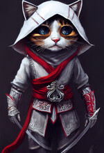 Cute Little Anthropomorphic Cat Wearing Ezio Assassin's Creed Costume

