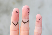 Finger Art Of Family During Quarrel. The Concept Of Parents Scolded Her Daughter, She Was Crying.