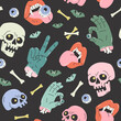 © Tanya Syrytsyna - Cartoon funny skulls, bones, crossbone, monster zombie hands, vampire lips, bats seamless pattern. Halloween background