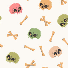 Cartoon Funny Skulls With Colorful Bones, Crossbone Seamless Pattern. Skull And Bone Background.
