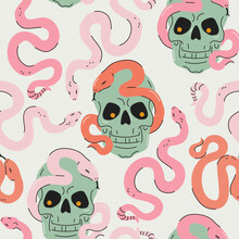 Cartoon Funny Skulls With Colorful Snakes Seamless Pattern. Skull Background.