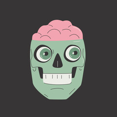 Wall Mural - Cartoon funny skull with brain, eye sockets. Funky zombie background