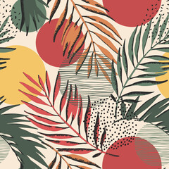 Wall Mural - Colorful grunge textured palm leaves, textured circle seamless pattern.