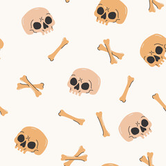 Wall Mural - Cartoon funny skulls with bones, crossbone seamless pattern. Skull and bone background.