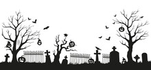 Halloween Cemetery Silhouette. Cemetery Graves And Trees, Graveyard Fence And Crosses, Jack O Lanterns Pumpkin Carving Scary Faces, Flying Bats And Crows Vector Background, Panorama Silhouette