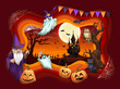 Halloween paper cut background with pumpkin, sorcerer and ghost characters. Halloween papercut vector backdrop or wallpaper with wizard, witch black cat and ghost personages, cemetery and scary castle