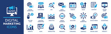 Digital Marketing Icon Set. Containing Seo, Content, Website, Social Media, Sales And Online Advertising. Solid Vector Symbol Collection.