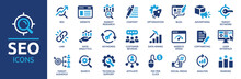 Seo Icon Set. Search Engine Optimization Icon Collection. Containing Business And Marketing, Traffic, Ranking, Optimization, Link And Keyword. Solid Icons Vector Collection.