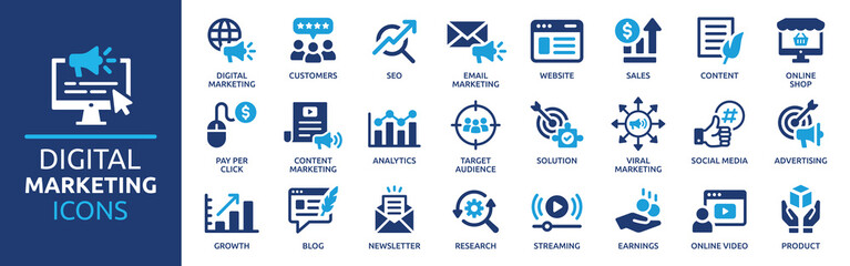 digital marketing icon set. containing seo, content, website, social media, sales and online adverti