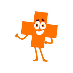 Cross funny math shape character, geometric figure personage. Isolated vector cute education creature for kids school mathematics and geometry lessons. Plus sign with smiling face, educational classes