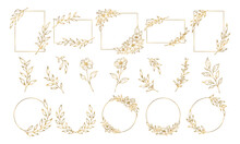 植物のイラスト素材, 装飾フレームのセット, 金色の線画. 花と葉のラインアート.