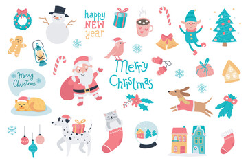 Wall Mural - Merry Christmas set with cartoon elements in flat design. Bundle of wreath, snowman, gift, bell, elf, gingerbread, lantern, Santa Claus, mittens and other decor isolated stickers. Vector illustration.