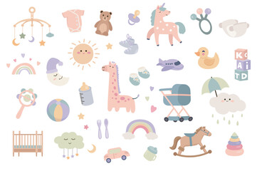 newborn baby items set with cartoon elements in flat design. bundle of kid toys, bodysuit, teddy bea