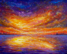 Emotional Impressionism Beautiful Sunset Over Water Oil Painting Landscape Illustration Artwork