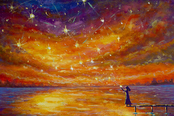 Oil painting girl launches magical stars on a beautiful landscape illustration art