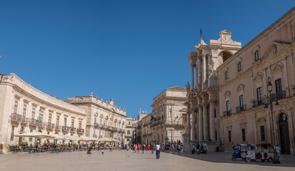 wide angle view of Piazza Duomo in Ortigia with splendid historical buildings