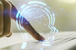 © Pixels Hunter - Creative artificial Intelligence concept with human head sketch and hands typing on computer keyboard on background. Double exposure