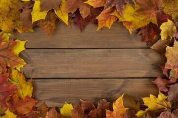 Autumn rustic composition for Thanksgiving or Halloween. Colorful fall leaves frame, flat lay with copy space on wooden background.