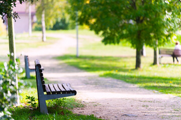 empty bench in a park with lady in the background