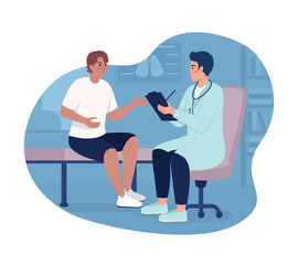 Sticker - Therapist listening to patient in office 2D vector isolated illustration. Medical appointment flat characters on cartoon background. Clinic colourful editable scene for mobile, website, presentation