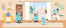 Robot Assistant Work At Home Vector Illustration