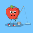 Art illustration Doodle Kawaii Fruits Symbol Character Apple Mascot Activity of Fishing