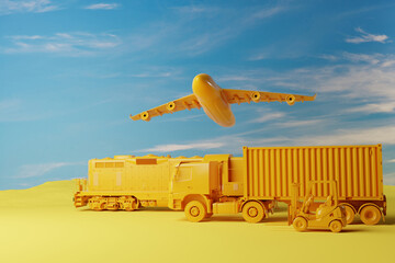 Wall Mural - A forklift truck, a truck, plane and train on a solid background. Concept of transporting heavy materials. Global material transport. 3d render, 3d illustration.