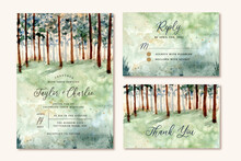 Wedding Invitation Set With Green Forest Watercolor Landscape
