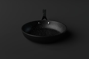 Canvas Print - Black frying pan on a dark background. The concept of frying, cooking. Buying equipment for the kitchen, dishes. 3d render.