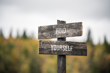 vintage and rustic wooden signpost with the weathered text quote find yourself, outdoors in nature. blurred out forest fall colors in the background.