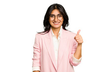 Young Indian Business Woman Wearing A Pink Suit Isolated Smiling And Raising Thumb Up
