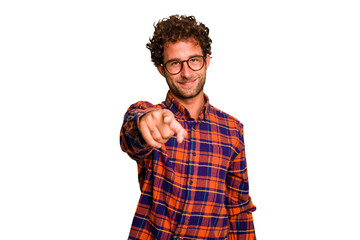 Wall Mural - Young caucasian curly hair man isolated Young caucasian man with curly hair isolated cheerful smiles pointing to front.