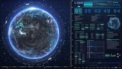Fototapete - Digital technology futuristic HUD UI system interface infographic display element. HUD dashboard scanning realistic earth 4K motion graphic display.