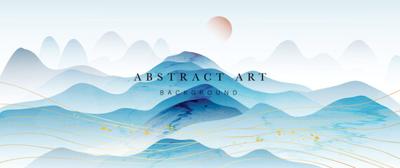 Abstract mountain and golden line arts background vector. Watercolor oriental style, landscape, sun, hills with gold, curve lines texture. Wall art design suitable for home decor, wallpaper, prints.