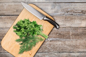 Sticker - Chopped ripe organic greens on a wooden board