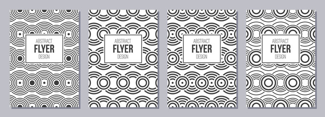 Wall Mural - Set of flyers, posters, banners, placards, brochure design templates A6 size with overlapping circles ornaments. Graphic design for greeting, invitation cards. Vector black and white backgrounds.