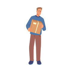Male character relocating or moving. Isolated man with carton box carrying personal belonging and stuff. Courier with delivery. Vector in flat cartoon style