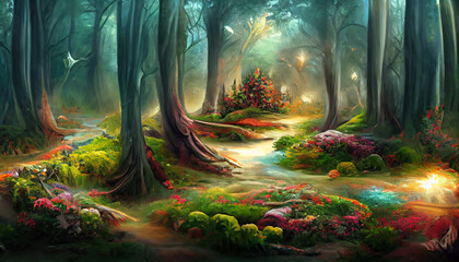 The Enchanted Forest of the Magic Natural Landscape and River Flow Background, Fairy Tale of the Magical Forest, Fantasy Forest Natural Beauty Landscape