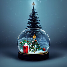 Christmas Trees And Snow Globes, Northern Lights And Christmas Decorations, Santa's House And Falling Snow.