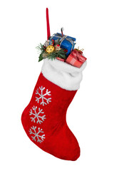 Wall Mural - christmas stocking with gifts hanging on white