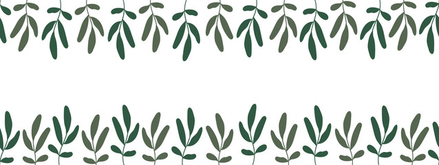 Wall Mural - Endless frame with green twigs in naive style on a white background. Botanical border, banner for placing text, etc. Rectangular vector illustration.