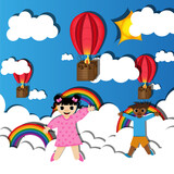 Fototapeta Mapy - Cut out paper vector illustration with children on clouds, a rainbow, a balloon and the sun in a blue sky. The concept of World Children's Day.