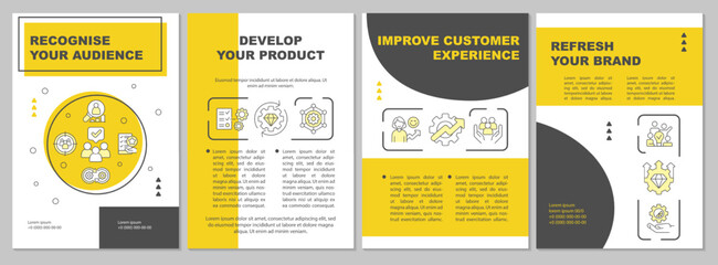Brand longevity establishment yellow brochure template. Business. Leaflet design with linear icons. Editable 4 vector layouts for presentation, annual reports. Arial, Myriad Pro-Regular fonts used
