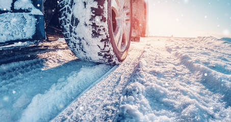 Wall Mural - Closeup view of the car's wheel on the snowy road in natural park